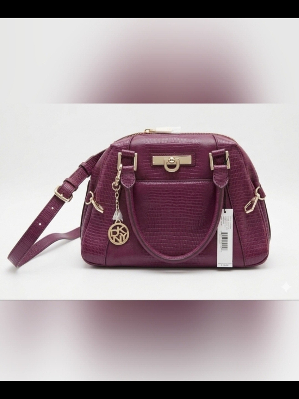 DKNY Plum Textured Leather Dome Satchel with Gold Accents